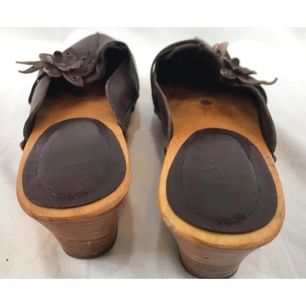 Zara Wood Sole Slide Mules 5.5-6 36 Sandals Brown Leather Shoes Flower Toe Spain - Picture 9 of 11